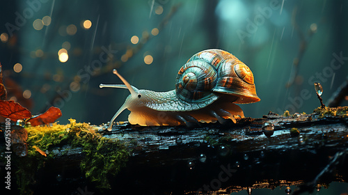 A tranquil, rain-soaked forest where a striking snail perches on a branch, embracing the serene ambiance of the drizzly day