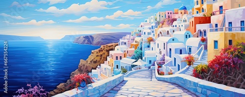 painting style illustration, beautiful passage way along the clifftop village town, Generative Ai