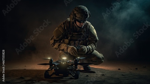 military man launches a drone