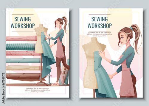 Set of Flyer design with seamstress. Banner poster with a girl creating clothes on a mannequin. Work in a sewing workshop, atelier, tailoring courses.