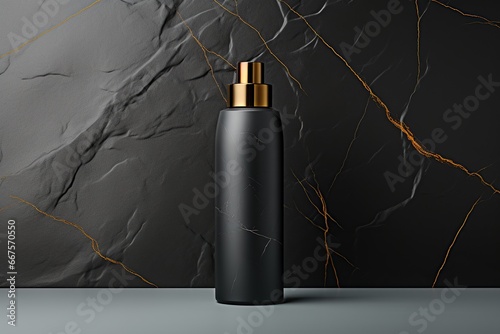 Black cosmetic bottle mockup on black marble background. 3d rendering