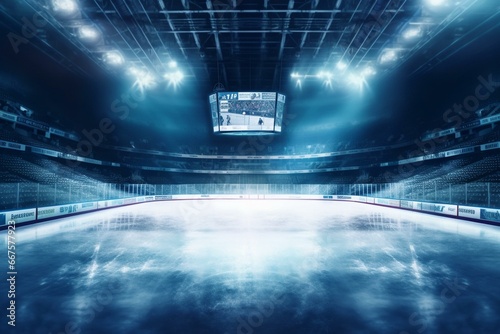 Empty hockey stadium with ice rink, cold background and bright lighting. Generative AI