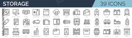 Set of 45 outline icons related to storage. Linear icon collection. Editable stroke. Vector illustration