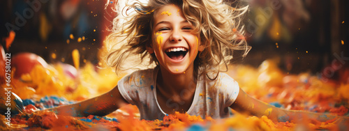 happy funny child draws laughing dirty with paint
