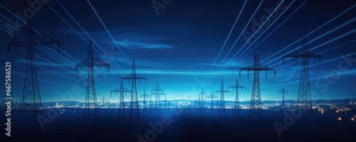 Electric pylons under moonlight at blue night. Electricity lines and electric power station in the sky at night