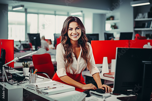 Jeune femme souriant assise dans un bureau open-space