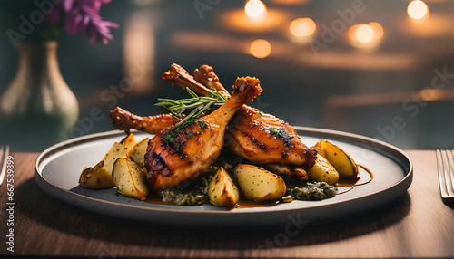 grilled chicken wings on artichoke ragout and trilled potatoes, Generated image