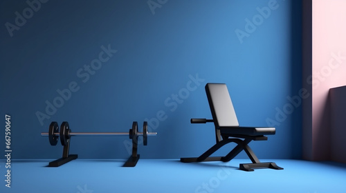 Empty gym room with illustration of a gym equipment and leg bench on blue wall. with copy space