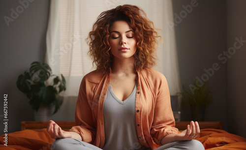 Relaxation methods. A lady carrying out pranayama while sitting in lotus position on the bed, employing breathing exercises to diminish worry and unease, gaining internal steadiness and harmony.