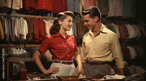 A vibrant display of 1950s teenager's wardrobe essentials, such as letterman jackets and saddle shoes, emblematic of the youthful fashion trends of the time