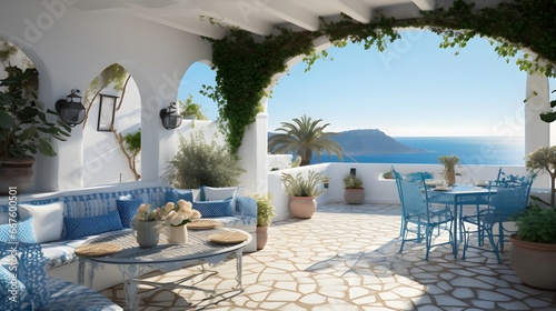 Greece, Santorini island. Panoramic view of terrace with sea view