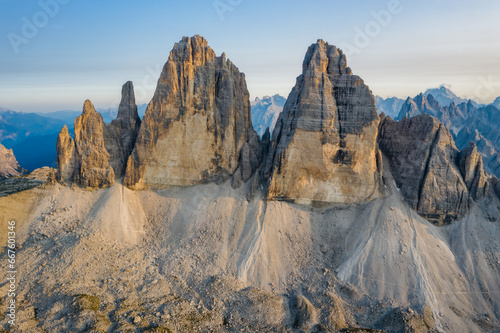 Aerial view of Tre Cime in the Dolomites Alps, National Nature Park at sunset. Italy, Europe