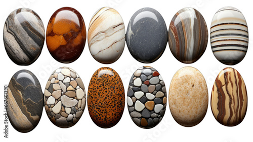 Collection of various rocks from different geological formations, polished shiny pebbles, transparent png