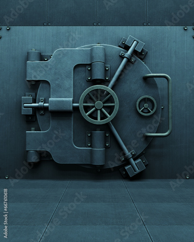 Bank vault industrial safe steel casino door banking locked security 3d illustration render digital rendering