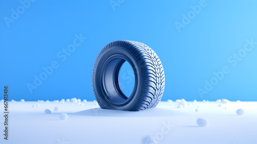 sur un petit tas de neige, un pneu neige - fond bleu 