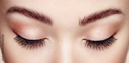 Female Eye with Extreme Long False Eyelashes. Eyelash Extensions. Makeup, Cosmetics, Beauty. Close up, Macro