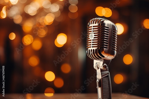 a close-up of a vintage luxurious microphone on a stand in a singing performance club, fairy lights and bokeh in the background. Jazz music cozy atmosphere