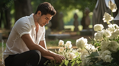 Man mourning at a funeral in a cemetery