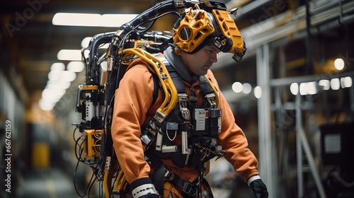 Worker Wearing Advanced Full Body Powered exoskeleton to lift heavy things. Generative AI