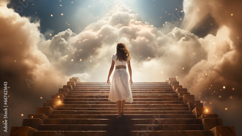 woman going to heaven on heaven stairs with clouds and sunlight. Generative AI