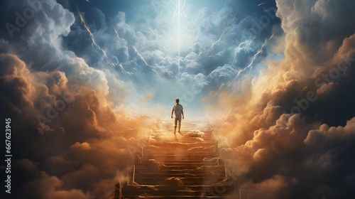 man going to heaven on heaven stairs with clouds and sunlight. Generative AI