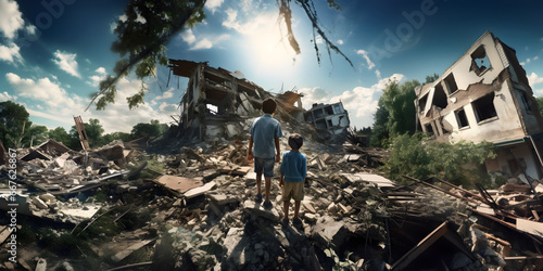 Rear view of a orphaned children stand in front ruin of a destroyed building, War disaster concept illustration