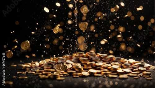 A rain of gold coins and Bitcoins against a black background