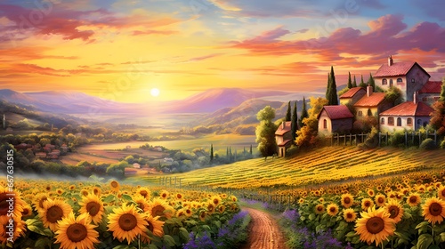 Sunset in Tuscany, Italy. Panoramic image