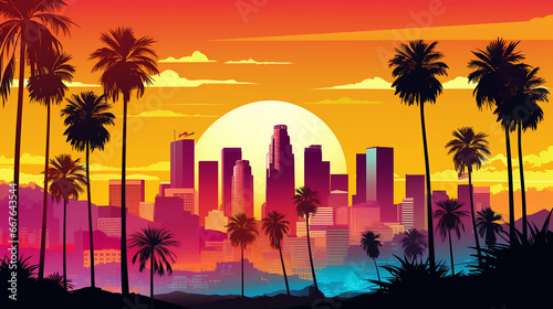 Los angeles city of california pop art with sun rise