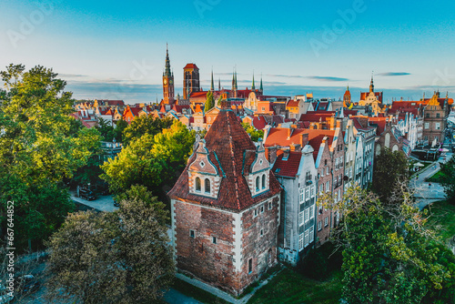 A magical image of Gdańsk at sunset. Urban landscape. Beautiful Main Town with old tenement houses.