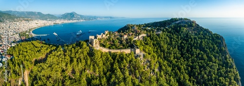 Alanya Castle and Marina from a drone, Alanya, Turkish Riviera on Mediterranean Coast, Antalya, Turkey