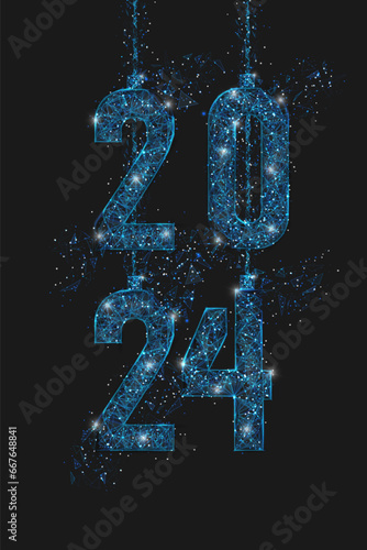 Abstract isolated blue image of new year number 2024. Polygonal low poly wireframe illustration looks like stars in the blask night sky in spase or flying glass shards. Digital web, internet design.