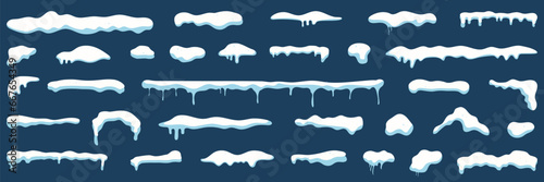 Cartoon snow caps. Set of snow cap. Snow caps, snowy ice and frozen icicles. Winter snowy decoration elements. Snow and ice, winter snowy caps for roof