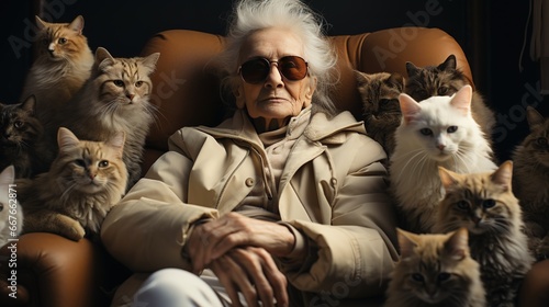 Crazy old granny in glasses, cat lady, sitting in a chair in cloak, with her many favorite cats at home