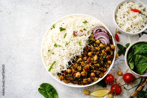 Homemade channa Saag | Curried chickpeas with spinach served with basmati rice