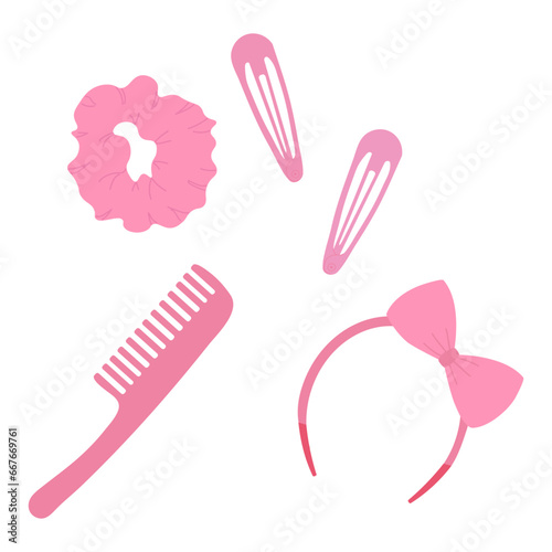 Set of pink hair accessories, hairpins, comb, headband, hair elastic. Vector illustration, flat