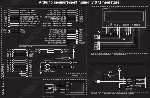Vector schematic diagram of an electronic device on the arduino. Connecting an expansion board with a humidity & temperature sensor and lcd display to an arduino. Measurement humidity and temperature