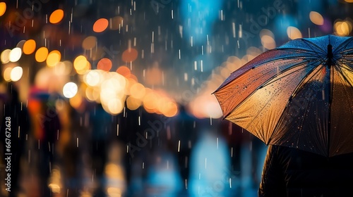 A person holding an umbrella in the rain on a busy street at night