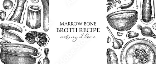 Healthy food background. Marrow bone broth banner. Hot soup on plates, pans, bowls, organ meat, vegetables, marrow bones sketches. Hand drawn vector illustrations. Homemade food ingredient