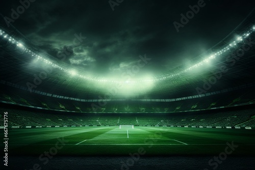 Soccer goal stadium with green lighting. Generative AI
