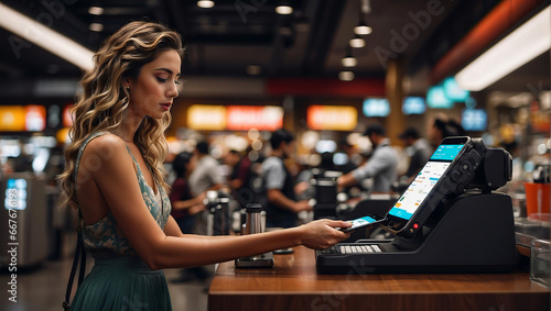 A pretty woman paying with a smartphone at a self-service checkout