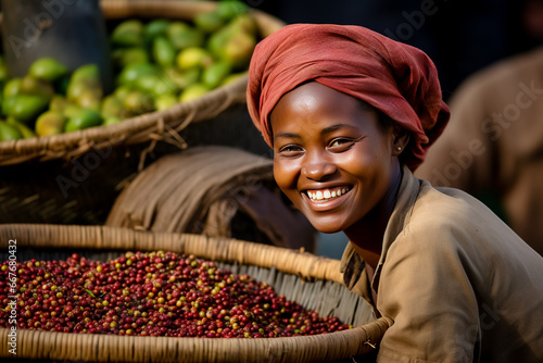 Young coffee picker smiling in background with basket of coffee beans.