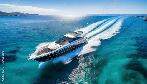 aerial view of a luxury motor boat speed boat on the azure sea in turquoise blue water