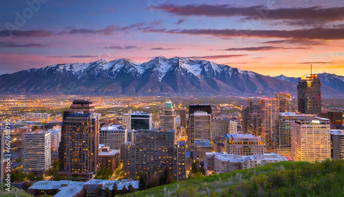salt lake city skyline at sunset with wasatch mountains in the background utah