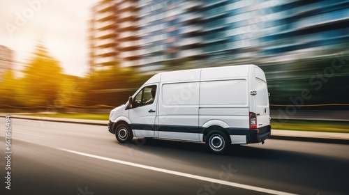 Super fast delivery of package service with a fast moving van on cityscape