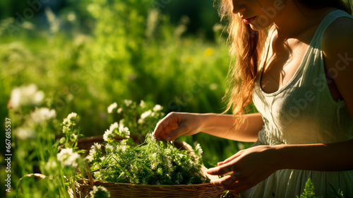 A woman collects medicinal herbs. Generative AI,