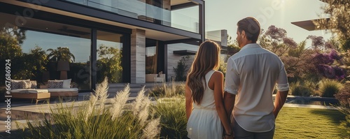 Back view couple in front of their family house