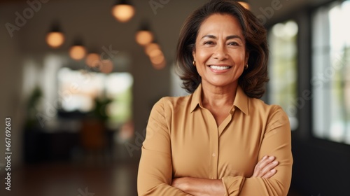Smiling Old Indian Woman with Brown Straight Hair Photo. Portrait of Business Person on Office Background. Photorealistic Ai Generated Horizontal Illustration.