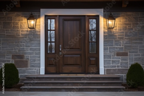Entrance Door: Georgian wooden front door with pillars and stone walls.