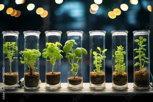 Microclones of plants from various crops, vegetables, fruits, and others grown in test tubes, genetic experiments hybrids, macro view. Technology. Generative AI
